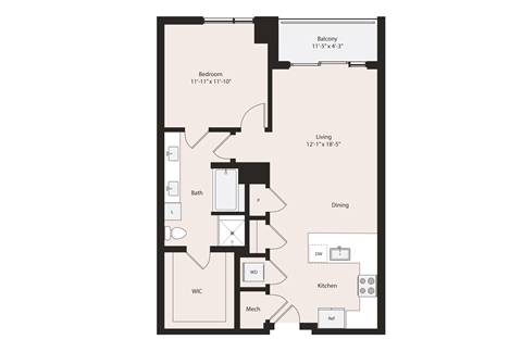 Floor plan for 1 bed, 1 bath, 863 sqft